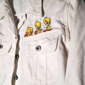VTG Denim Jacket Tweety Bird Embroidered White Small S Women's Vintage